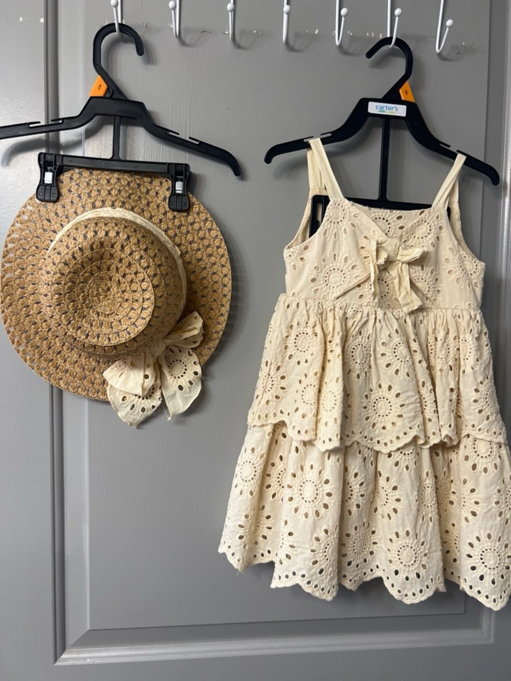 Blueberi Boulevard Cream Eyelet Tiered Dress with Bow